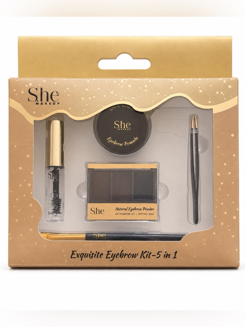 New She Makeup Dark Brown 5-in-1 Eyebrow Powder Gel Brow Eyeliner Brush Tweezers